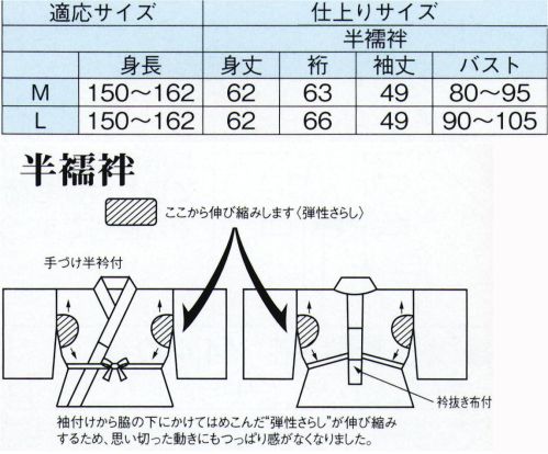 東京ゆかた 24423 T・P・O二部式長襦袢 半襦袢 邸印 ※この商品の旧品番は「77403」です。袖付けから脇の下にかけてはめこんだ“弾性さらし”が伸び縮みするため、思い切った動きにもつっぱり感がなくなりました。身頃、腰布は抗菌防臭加工の天竺さらしを使用していますので、汗をかいても嫌な臭いが残りません。適度なしぼがあり、さらさら感のあるキンチはオールシーズンタイプの襦袢・すそよけ素材として重宝します。※この商品はご注文後のキャンセル、返品及び交換は出来ませんのでご注意下さい。※なお、この商品のお支払方法は、先振込（代金引換以外）にて承り、ご入金確認後の手配となります。 サイズ／スペック